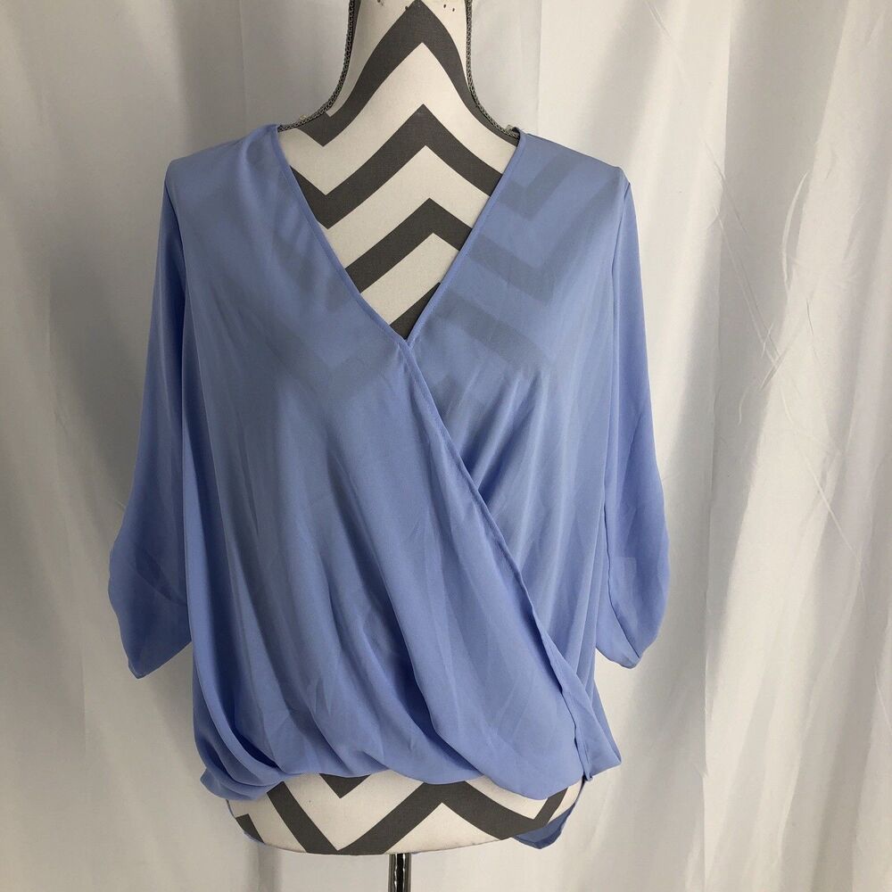 New Lush 3/4 Roll Tab Sleeve Surplice V-Neck Blouse Serenity Size XS